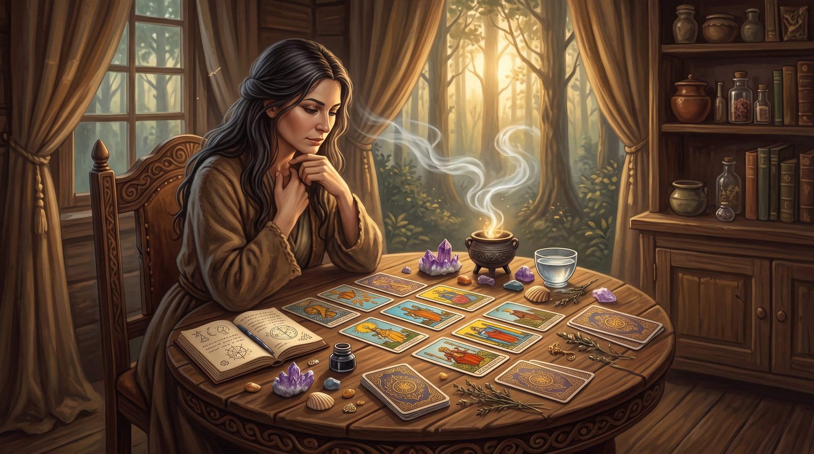 Uma mulher num ambiente místico e acolhedor a refletir sobre as cartas espalhadas numa mesa rústica com cristais e fumo de incenso, ilustrando a prática do tarot como autoconhecimento.