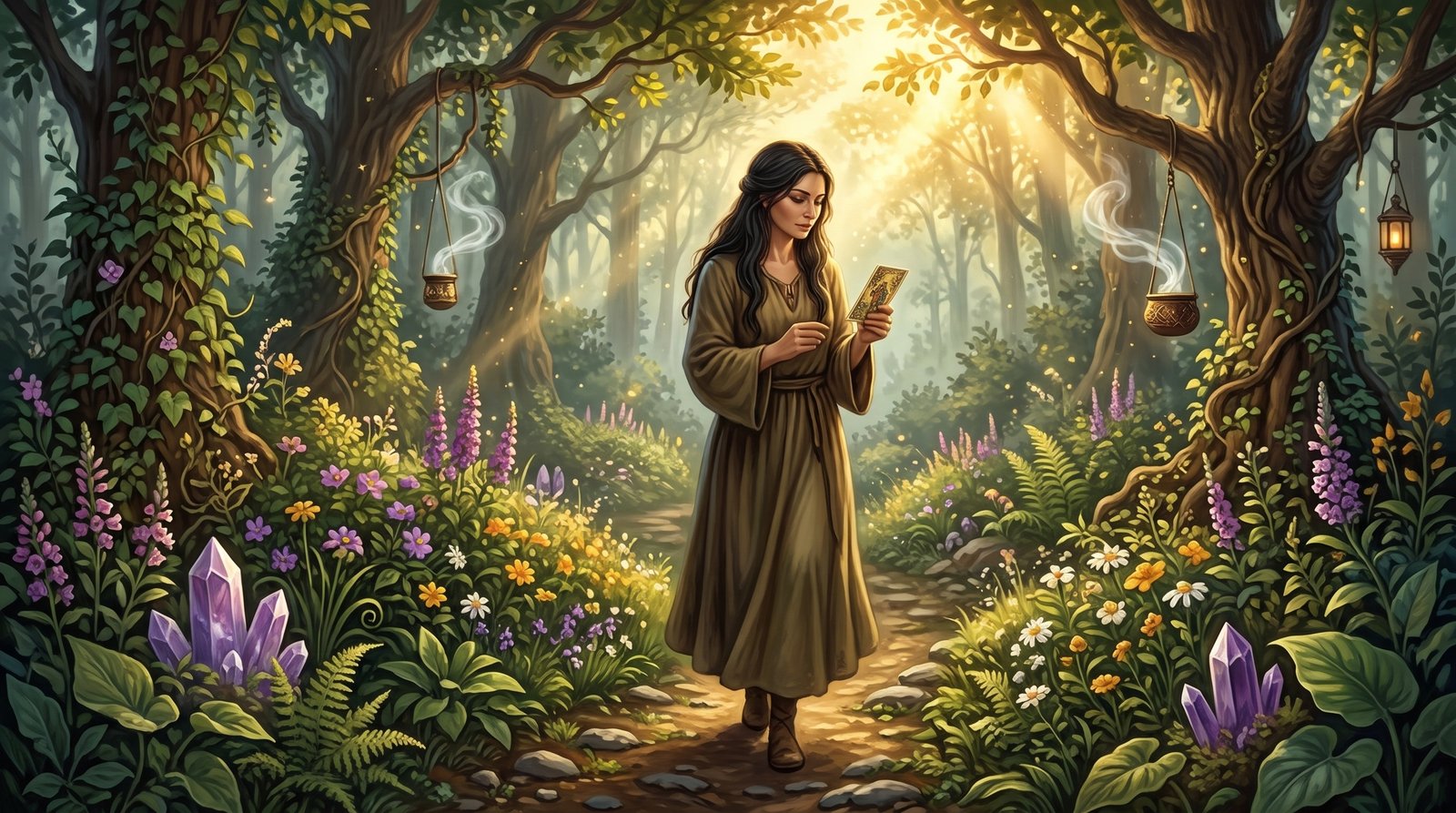Uma mulher a caminhar pensativa por um jardim místico iluminado pelo sol, a segurar uma carta, simbolizando a jornada de libertação e escolhas através do tarot e autoconhecimento.